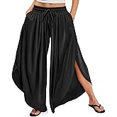 TARSE Womens Linen Wide Leg Split Skirt Pants Boho Loose Palazzo with Elastic Waist Drawstring 2025 Beach Vacation Pants