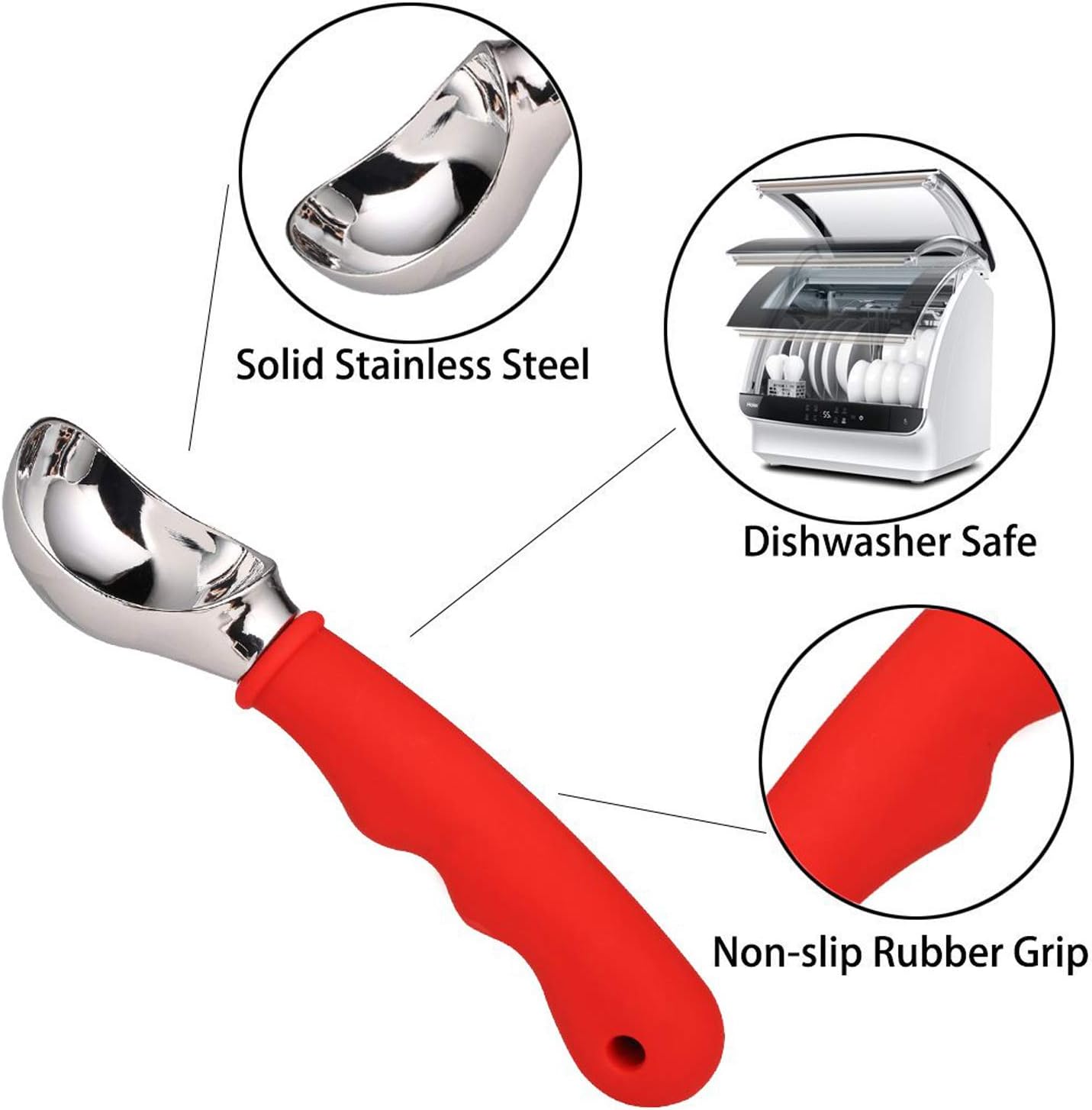 KXF Stainless Steel Ice Cream Scoop with Non-Slip Rubber Grip Heavy Duty Ice Cream Spoon Sturdy Icecream Scooper Cookie Fruit Scoop for Cookie Dough Mash Potatoes - Image 3