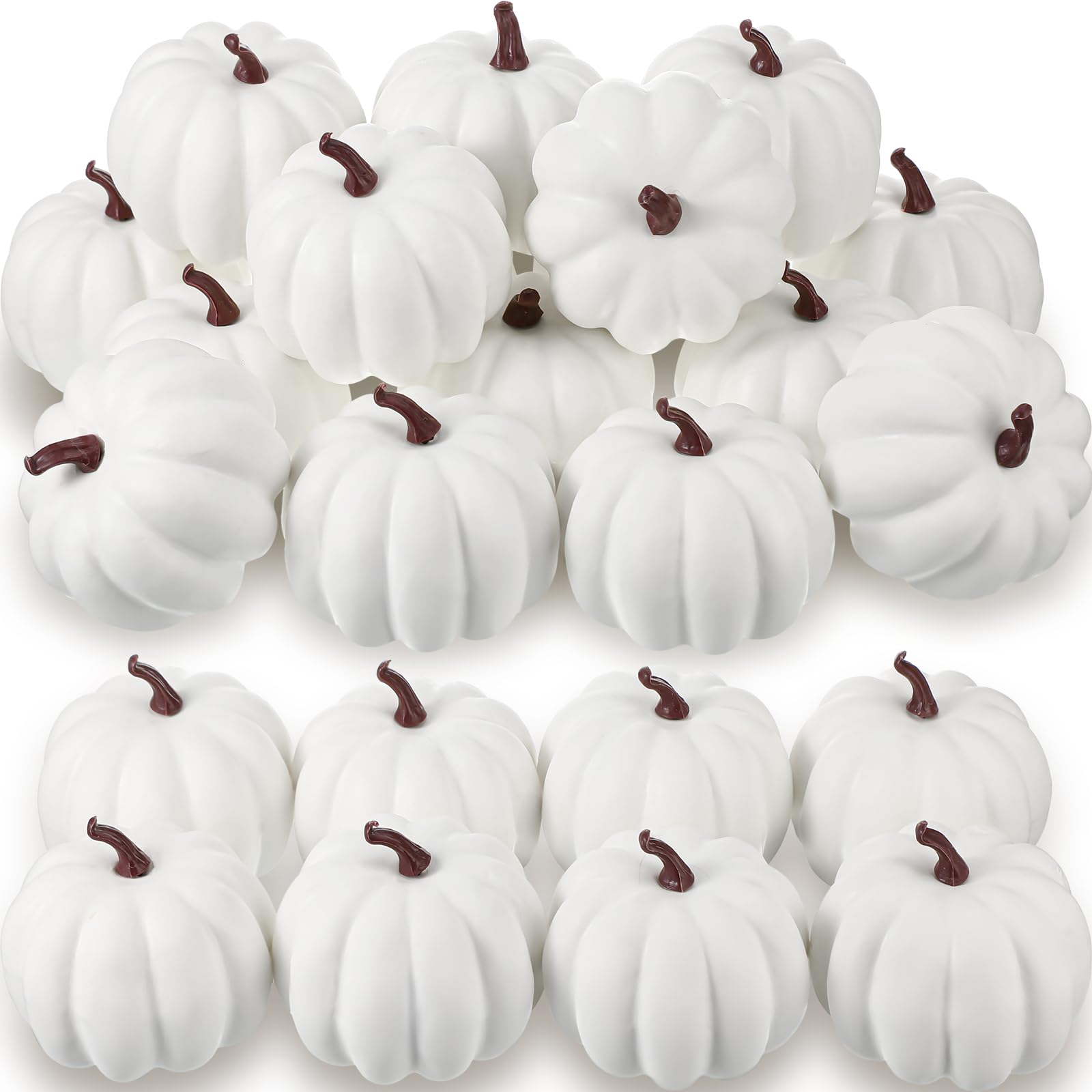 Photo 1 of Liliful 24 Pack 4 Inch Fall Harvest White Artificial Pumpkins Crafts Rustic Decorative Pumpkin Foam Pumpkins Decoration for Halloween Thanksgiving Wedding Dining Table Centerpiece Decorating