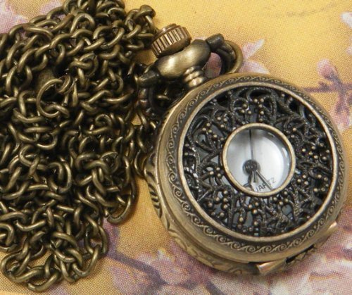Leegoal Vintage Style Covered Pocket Watch With Window Pendant Clock With 15 Chain In Antique Gold Finish