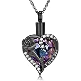 shajwo Rose Flower Heart Cremation Urn Necklace for Ashes Jewelry for Women Men Memorial Human Ashes Crystals Pendant