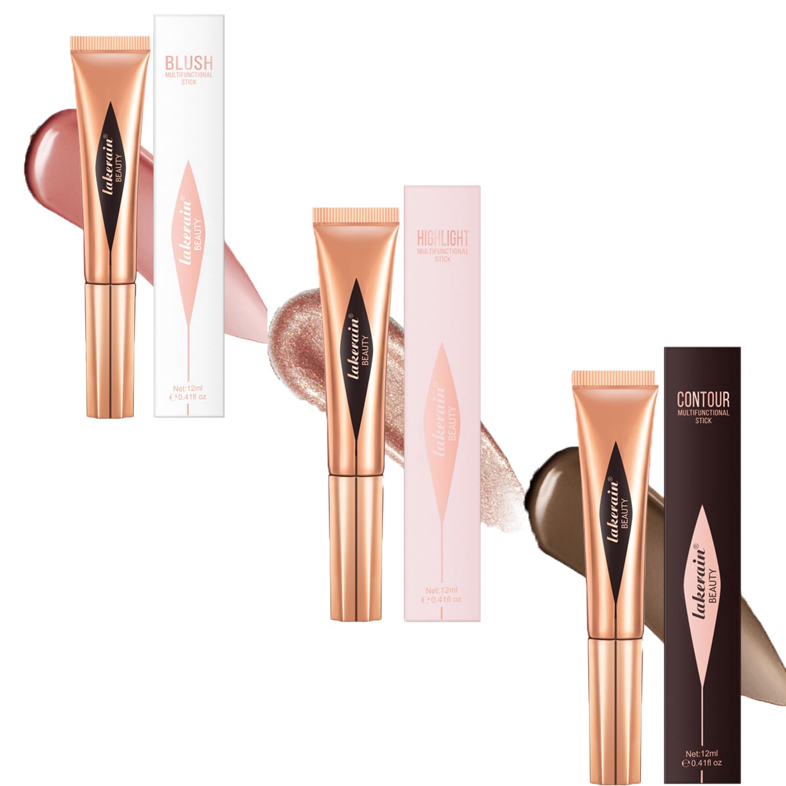 blush Liquid 3PCS Cream, Highlighter Makeup, Contour Stick & Wand, Waterproof Bronzer Stick, Pink Blusher for Cheeks & Eyeshadow (01+04+06)