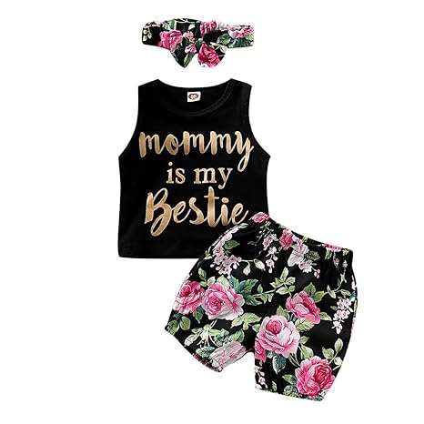Snakell Baby Mädchen Brief Weste Tops + Blumendruck Shorts + Stirnbänder Set Outfit Babybuchstabe Weste + Blumenshorts + Haar