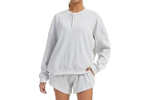 AnotherChill Women's Oversized Waffle Knit Lounge Set Long Sleeve Sweatshirt and High Waisted Shorts 2 Piece Casual Outfit