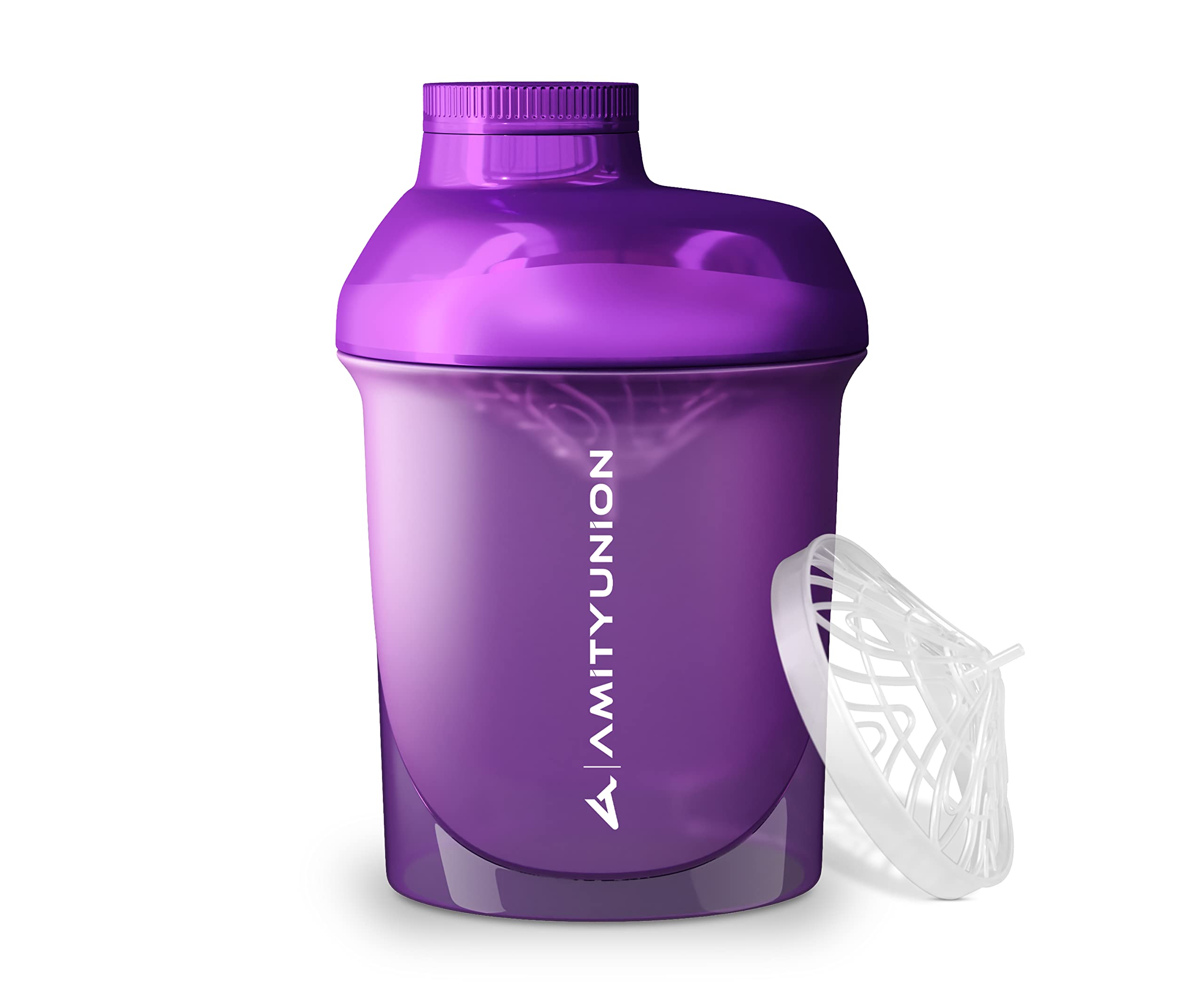 Amityunion protein shaker purple white deluxe 400 ml, leak-proof, BPA-free, gym fitness cup with strainer and scale for creamy whey powder shakes, isolates, sports concentrates