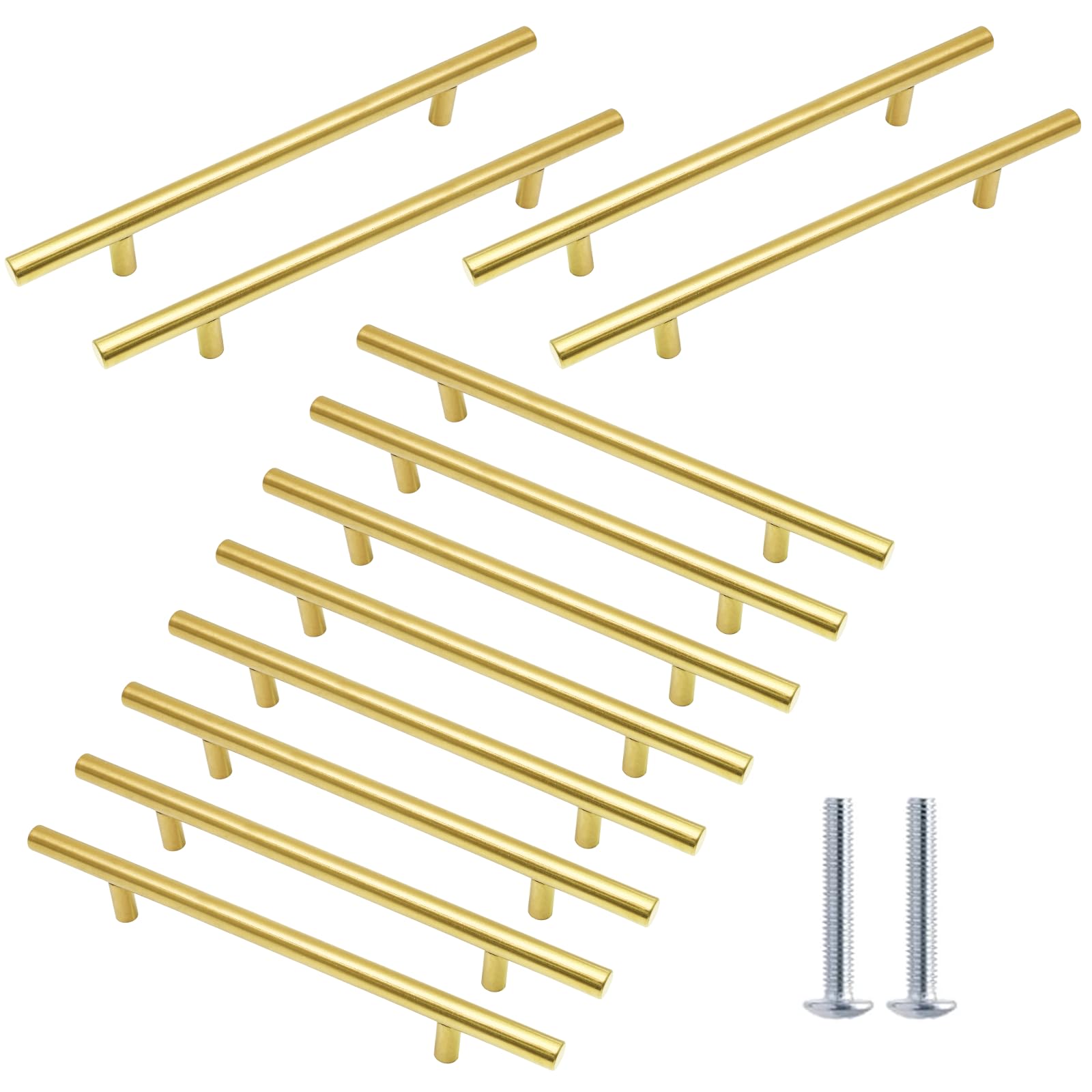 Cjueiom 12 Pack Gold Cupboard Handles - 128mm Hole Center, T Bar, Stainless Steel Drawer & Wardrobe Door Handles, 200mm Length Kitchen Cabinet Pulls — image 1