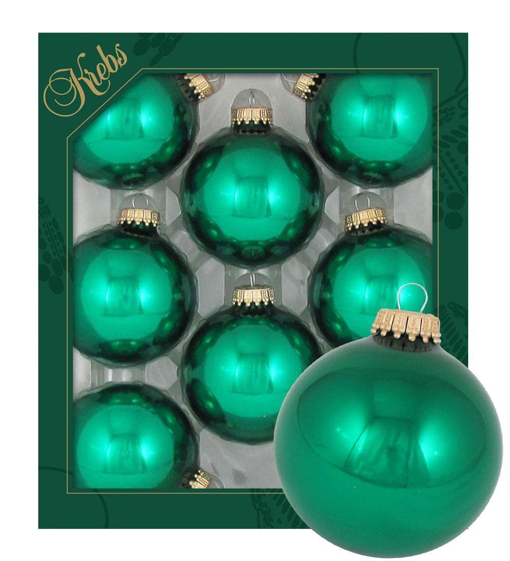 Original Lauschaer Christmas tree decorations – set of 8 plain shiny emerald green, 6.7 cm, with golden crown + 50 quick hangers in gold