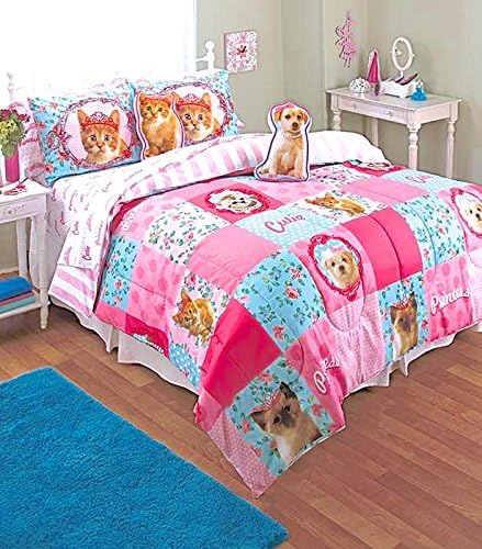 Princess Puppy Kitty 7pc TWIN SIZE Pink Patchwork Comforter, Sham, Sheet Set + TWO DECORATIVE TOSS PILLOWS!