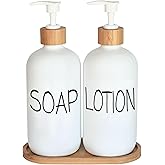 White Soap Dispenser Bathroom Set, Set with Glass Dispenser, Bamboo Pumps & Tray. Hand and Lotion Suitable for Farmhouse Decor