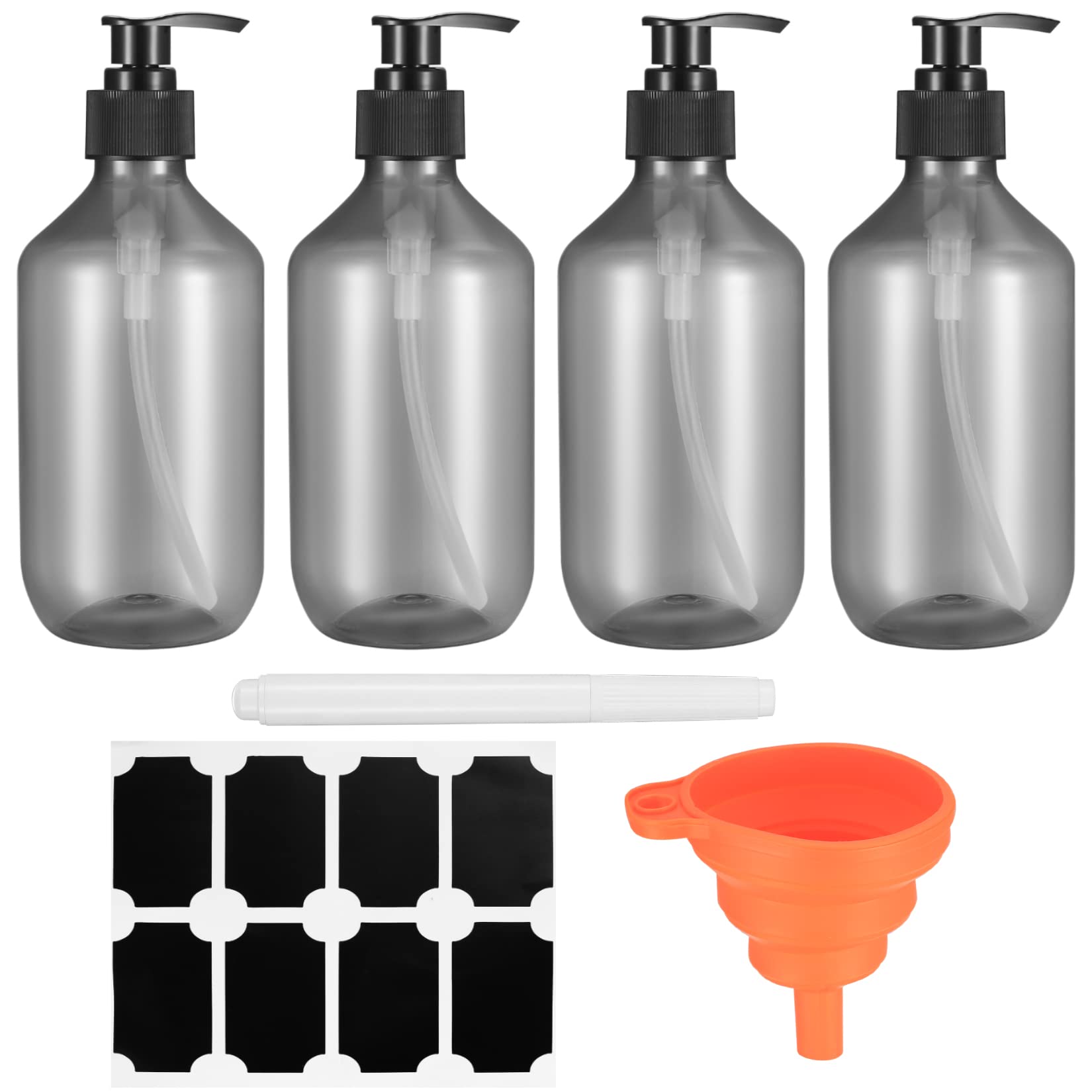 4 Pcs 300ml Refillable Empty Soap Lotion Dispenser Bottles, Shampoo and Conditioner Liquids Dispenser with Pump for Bathroom, with Funnel and Sticker (Transparent Black)