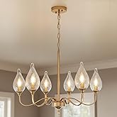 6-Light Farmhouse Brass Gold vintage Chandelier 23.6 Inch - Rustic Industrial Iron Candle Hanging with Clear Glass Shades - D