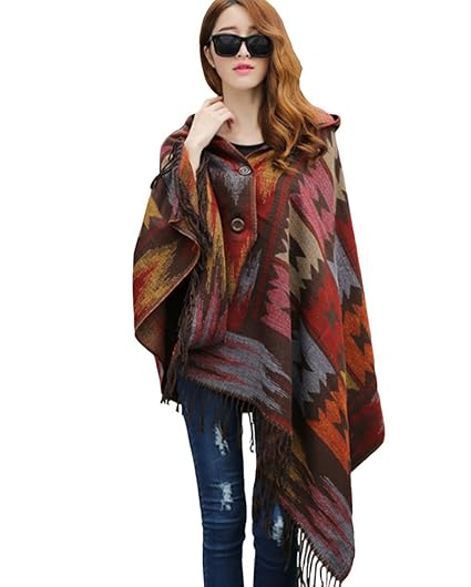 ZKOO Poncho mit Kapuze Damen Winter Herbst Ethno Design Cape Umhang mit Fransen Oversized Poncho-Schal für Frauen