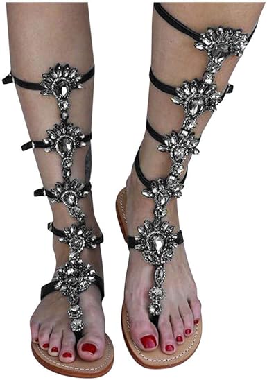 rhinestone knee high gladiator sandals