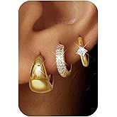 LOYALLOOK 3Pairs Gold Hoop Earrings Set for Women Trendy Huggie Hoop Earrings Stacks for Multiple Piercing 14K Gold Plated Chunky Hoop Earrings Set Hypoallergenic Cartilage Earring Lightweight