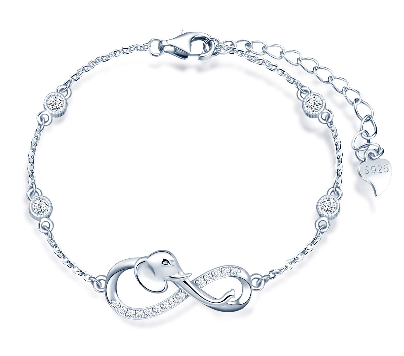 MicLee Woman's girl's Bracelet, 925 Sterling Silver bracelet, Elephant and infinity symbol bracelet, Inlaid with zircon, adjustable chain, Unique design animal bracelet, silver