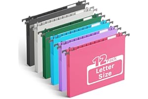 Ansook Extra Capacity Plastic Hanging File Folders,1" Expanding Accordian Pocket,Heavy Duty for Filing Cabinet, Hard and Durable Hang Folders,Insertable Tabs,Letter Size,Assorted Colors- 12 Pack