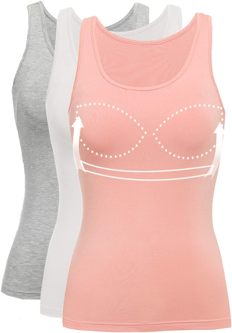 Tank Tops for Women Basic Camisole with Built in Bra Casual Wide Strap Sleeveless Layer Top for Summer