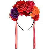 Floral Fall Women Day of the Dead Flower Crown Festival Headband Rose Mexican Floral Headpiece HC-23 (Red Purple)