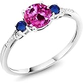 Gem Stone King 10K White Gold Pink Created Sapphire Blue Created Sapphire and White Diamond Accent 3-Stone Engagement Ring For Women (1.14 Cttw, Round 6MM, Gemstone September Birthstone)