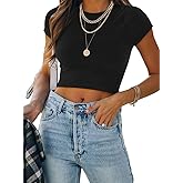 REORIA Butsmooth® Women's Basic Cute Short Sleeve High Neck Double Lined Tight T Shirts Crop Tops Tees