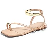Coutgo Womens Strappy Flat Sandals Flip Flops Open Toe Ring Sandals Metal Ankle Strap Summer Beach Shoes