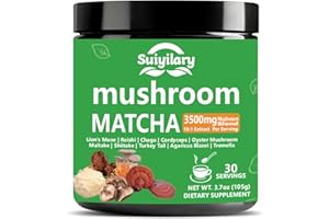 SUIYILARY 10 Mushroom Matcha Powder with Lion's Mane, Reishi, Mushroom Polysaccharides & More, 3500mg(10:1) Extract, Japanese Ceremonial Matcha for Focus, Energy, Immunity Boost, Memory - 30 Serving