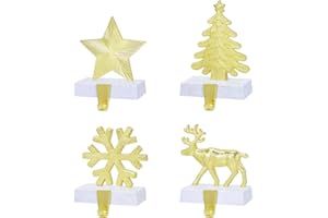 LIKAJON Gold Christmas Stocking Holders for Mantle Set of 4, Christmas Tree, Reindeer, Snowflake and Star Christmas Stocking Hangers, Metal Stocking Holder for Christmas Fireplace Mantel Decoration
