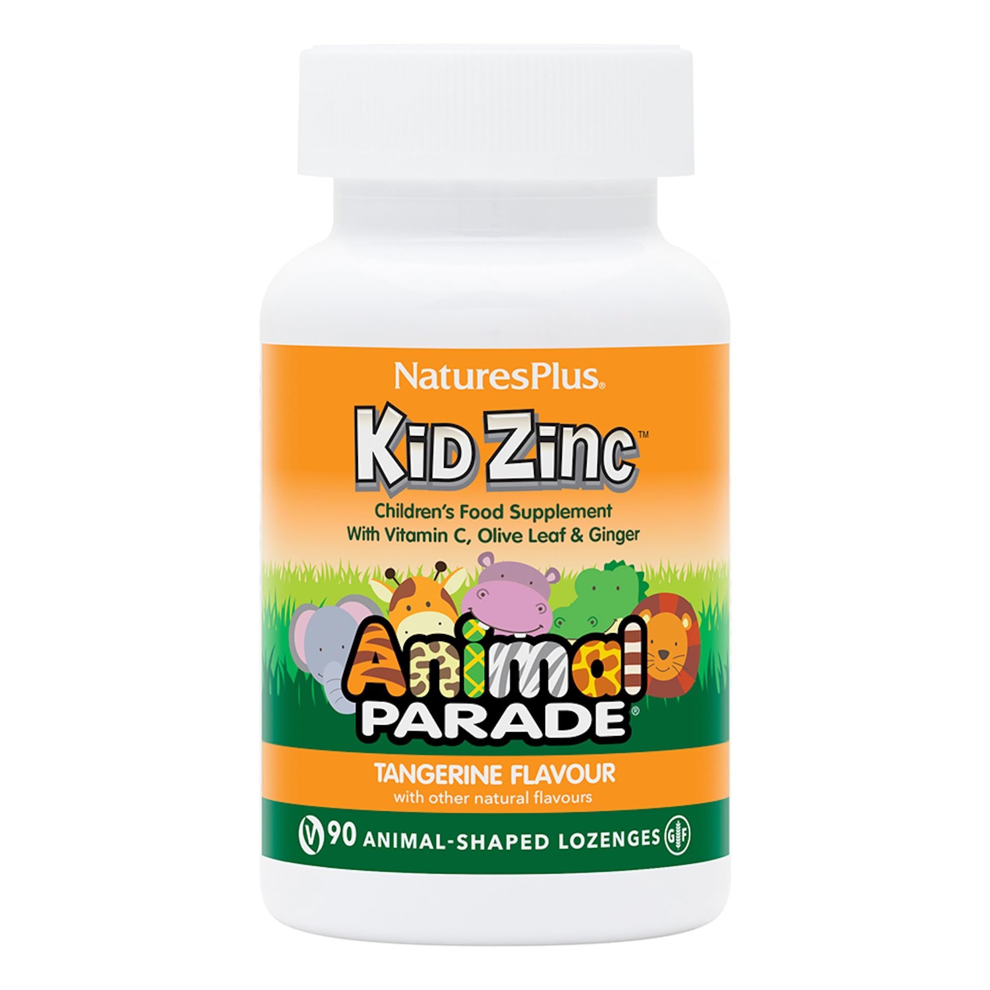 NaturesPlus Animal Parade Kid Zinc Chewables, Tangerine Flavour - Zinc and Vitamin C Supplement with Ginger, Olive Leaf - Immune Support - Vegan, Gluten Free - 90 Animal Shaped Tablets