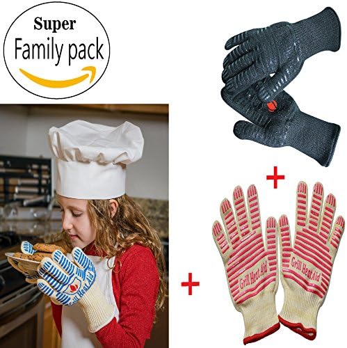 Cooking Gloves Family Pack: Premium Insulated &amp; Silicone Lined Aramid Fiber Mitts for Cooking, BBQ, Grilling &amp; Baking (One Size Black, Small Size Pink, X-Small Size Blue)