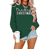 ECYJIO Christmas Sweatshirts For Women Xmas Sweater Merry Christmas Letter Printed Sweatshirt Holiday Long Sleeve Tops