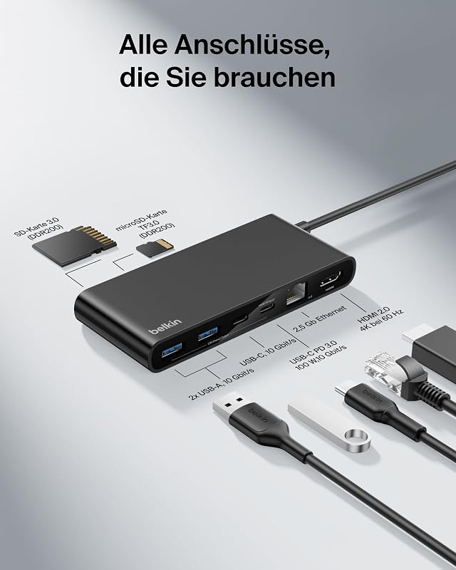 Connect 8-in-1 USB C Hub, Bildschirmauflösungen bis zu 4K bei 60 Hz, für Mac, Windows, Chromebook, 100 W PD, Datentransfer 10 Gbit/s, 2,5 Ethernet – Schwarz