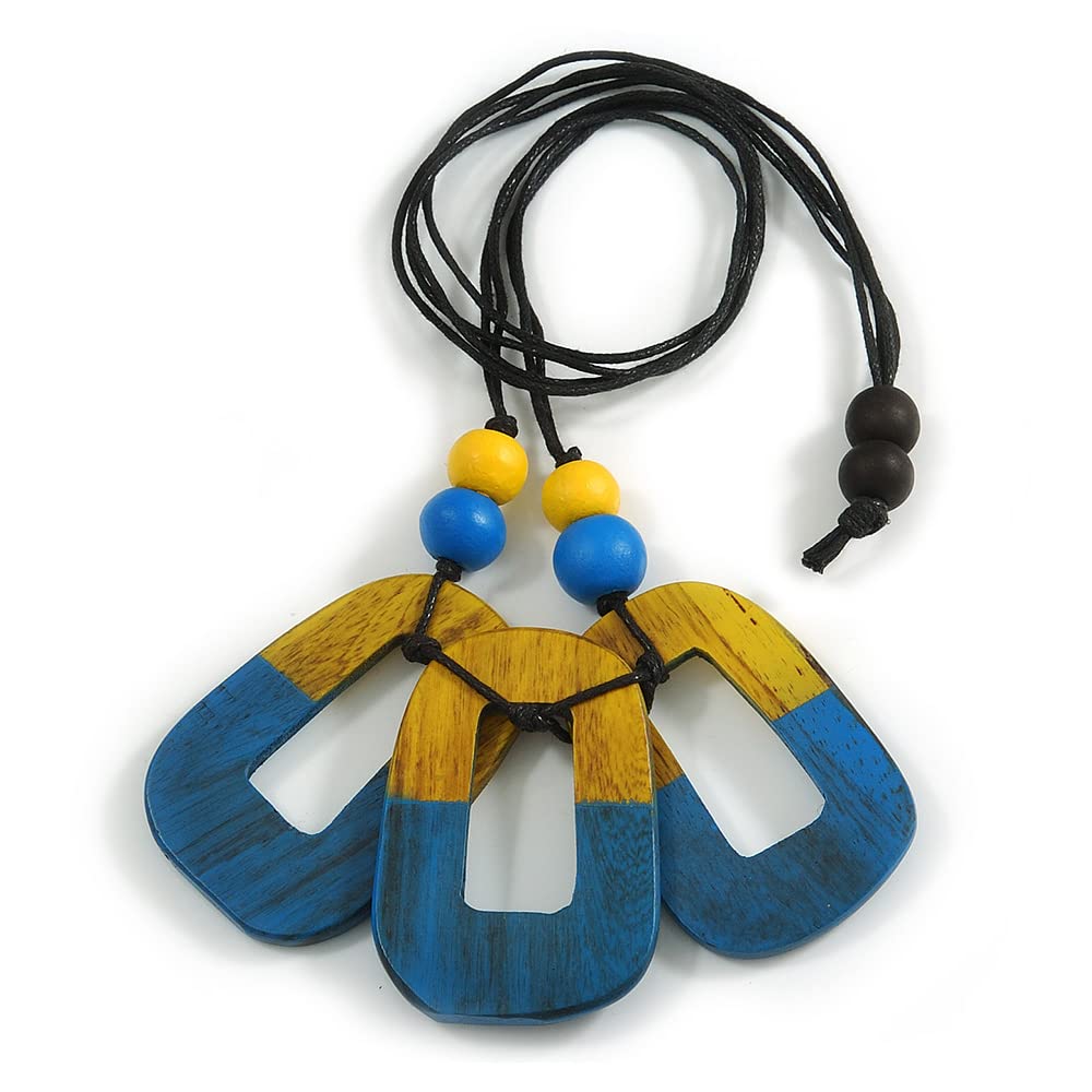 Avalaya O-Shape Yellow/Blue Painted Wood Pendant with Black Cotton Cord - 90cm L/ 8cm Pendant