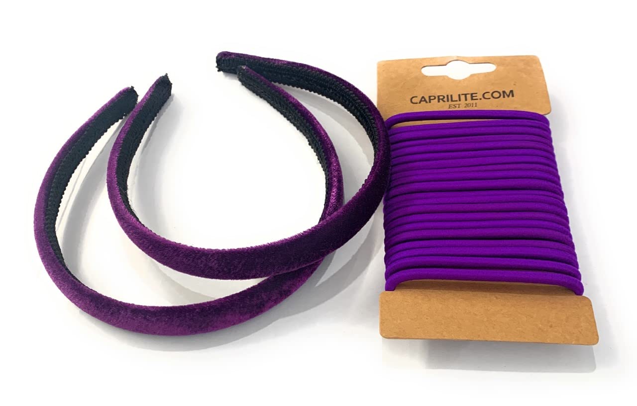 2 Velvet Girls School Headband Alice Band + 20 Elastics Hair Ties Bobbles Ponies Set UK (Purple)
