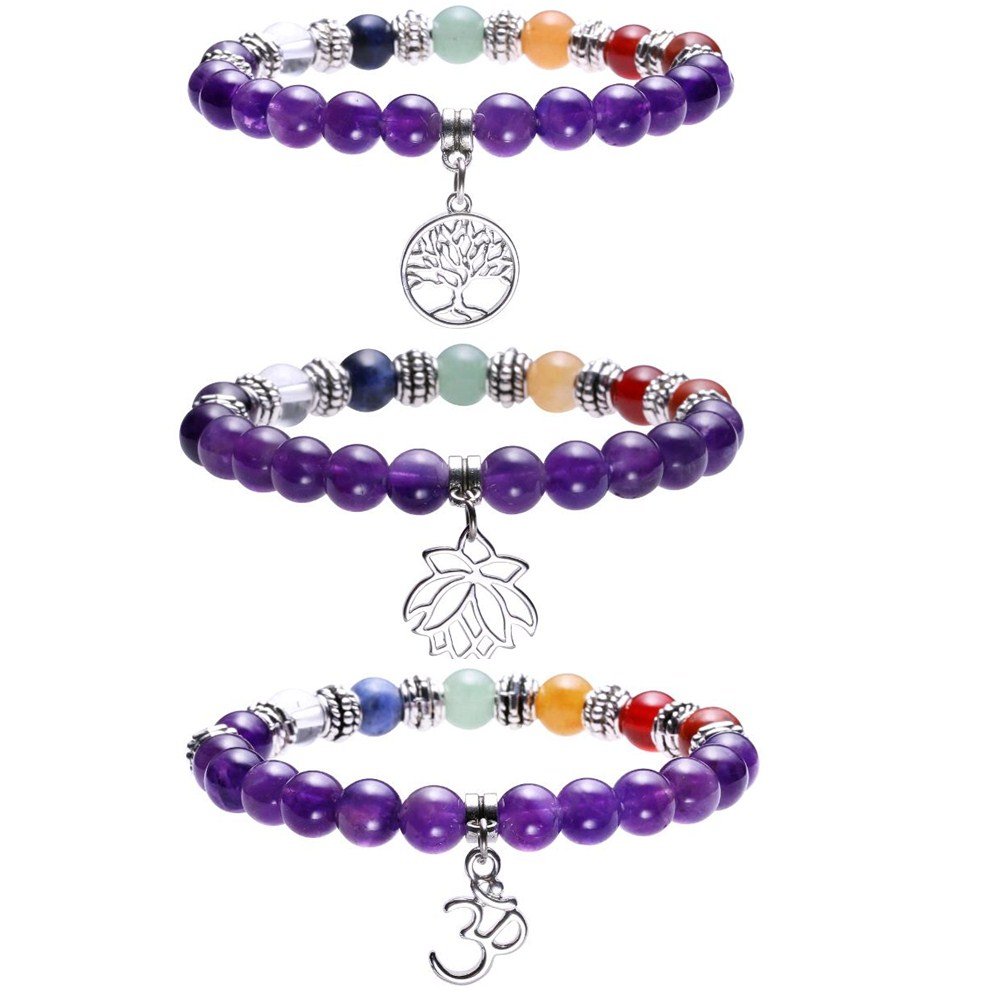 Jovivi Lot de 3PCS 7 Chakra Pierres Naturelles Amethyste Perles d\'Energie Bracelet Extensible Elastique Tibetain Bouddhiste avec Pendentif Arbre de la Vie/Lotus/Symbole OM