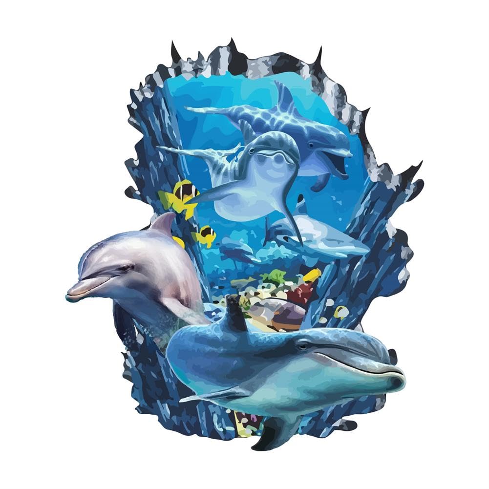 PLIGREAT 3D Broken Wall Undersea Ocean World Dolphins Wall Stickers, Removable Vinyl Peel and Stick Wall Decals for Teens Bedroom Dorm Room Wall Decoration Beach House Apartment Indoor Wall Art Decor