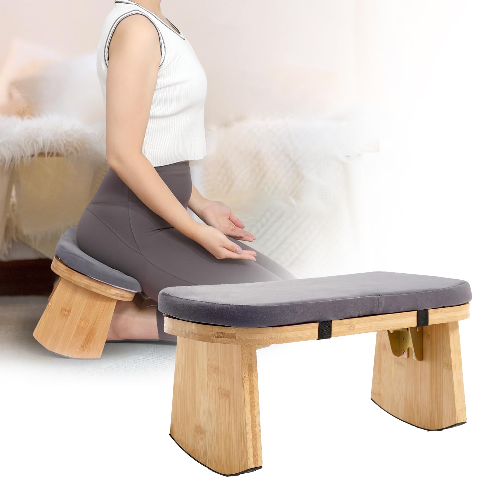 Photo 1 of JFNoraiva Meditation Bench, Folding Meditation Chair with Cushion, Bamboo Meditation Stool with Anti-Slip Mat, Adjustable Yoga Stool with Curved Bottom Edges, Prayer Bench