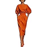 HGps8w Women's Puff Sleeve Wear to Work Pencil Dress - Smocked High Waist Knee Lenght Elegant Office Dresses with Pockets