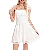 Kiluex Womens Graduation Party Mini Dress Cute Square Neck Lace Straps White Fairy Short Dress