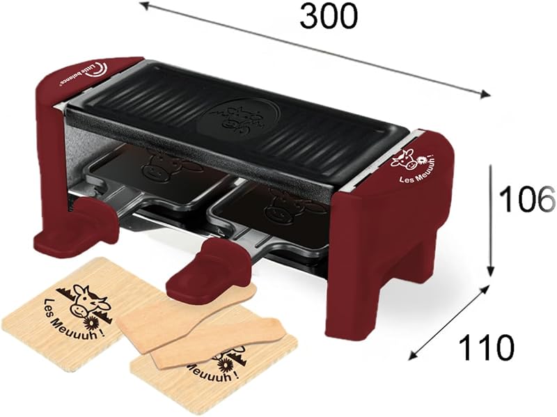 8940 Raschietto Duo Meuuh…!, Dispositivo per raclette 1/2 persone, Grill rimovibile, 2 spatole + 2 tavolette, senza PFAS, antiaderente, 320 W, peperoncino