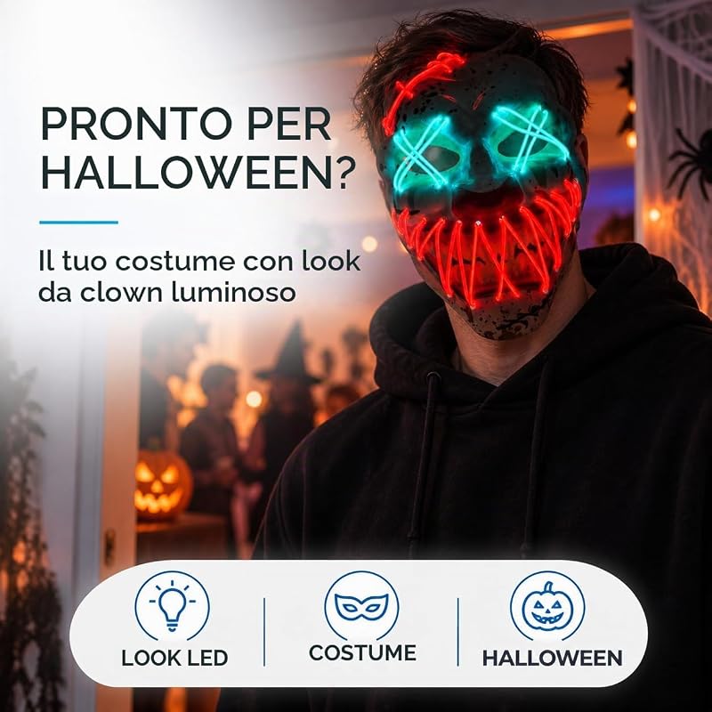 - Maschera da clown LED per Halloween, controllabile come per Purge, viso luminoso, per Halloween, carnevale e carnevale come costume per uomo e donna (scelta di colori) — foto 4 di 6