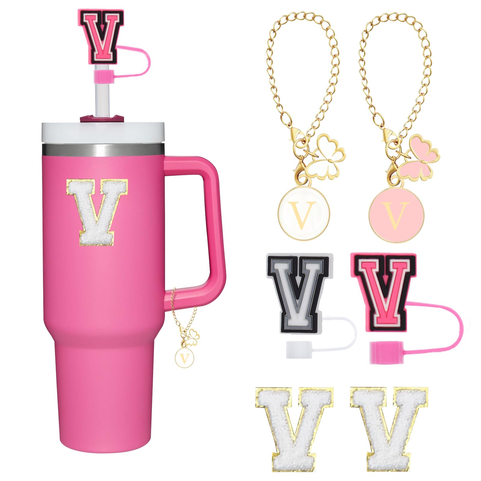 Reusable Straw Cover for Stanley Cup Accessories,2Pcs Dustproof Straw Covers with Letter Charms and Personalized Name Stickers(V)