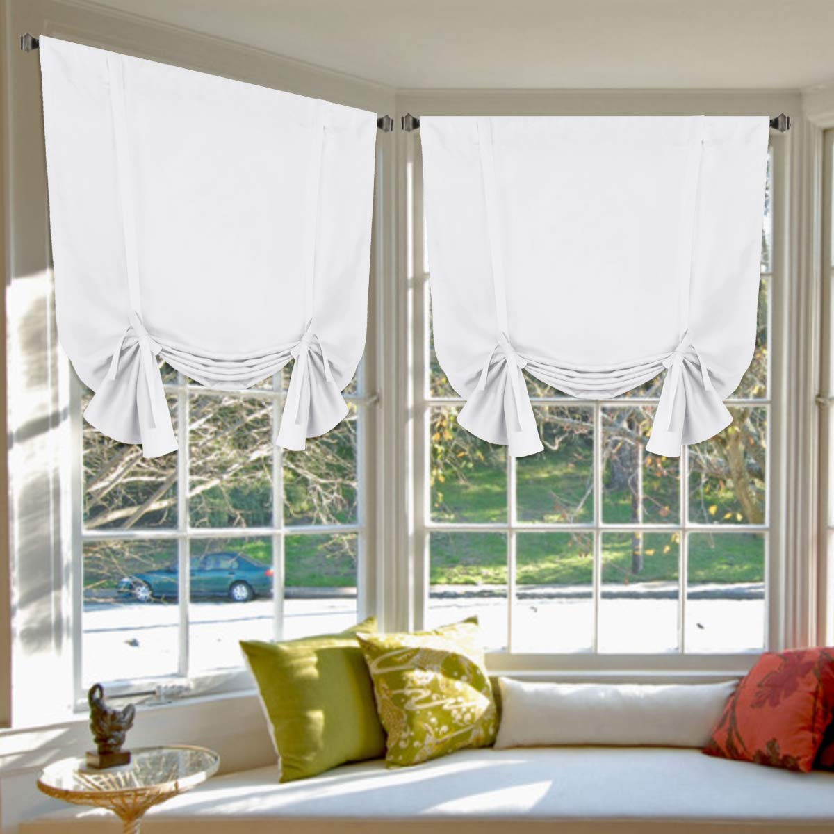 Photo 1 of H.VERSAILTEX Pure White Curtains Thermal Insulated Tie Up Window Shade Light Reducing Curtains for Kitchen, Rod Pocket 2 Panels - 42" Wide by 63" Long