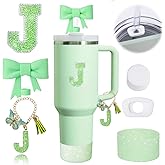 6PCS Green Stanley Cup Accessories Set for Stanley Cup 30 40oz Tumbler with Handle, Including Silicone Bow Straw Covers Cap, Spill Proof Stopper, Glitter Silicone Boot, Handle Charm, letter Patch (J)