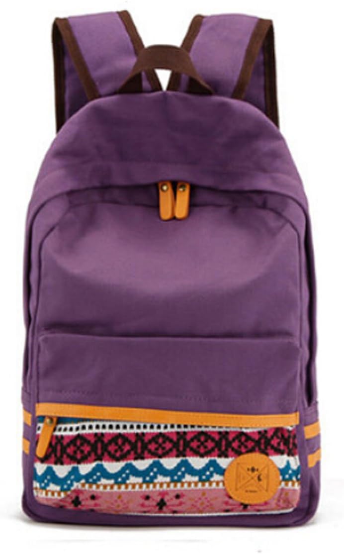 Women's Canvas Backpack Geometric Pattern Teenager Girls School Bag (Purple)