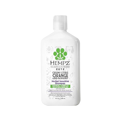 Hempz Petz, Sensitive Dog Shampoo, Oatmeal Complex to Soothe, Creamy Citrus Orange & Red Raspberry Herbal Sensitive Shampoo 17 oz.