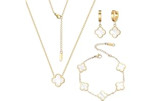 Otdwsd 18K Gold Plated Lucky Clover Jewelry Set Black White and Red Four Leaf Clove Bracelet Necklace and Earrings Fashion Birthday Gifts for Women