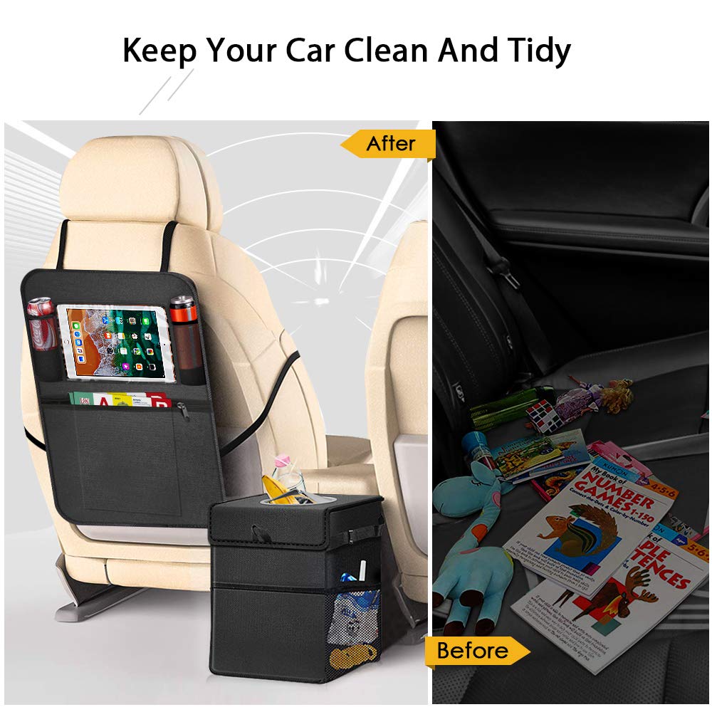 AVNICUD Car Garbage Can & Car Back Seat Organizer, Hanging Leakproof Car Trash Can, Car Seat Protector with Tablet Holder, Car Interior Accessory (2 Packs)
