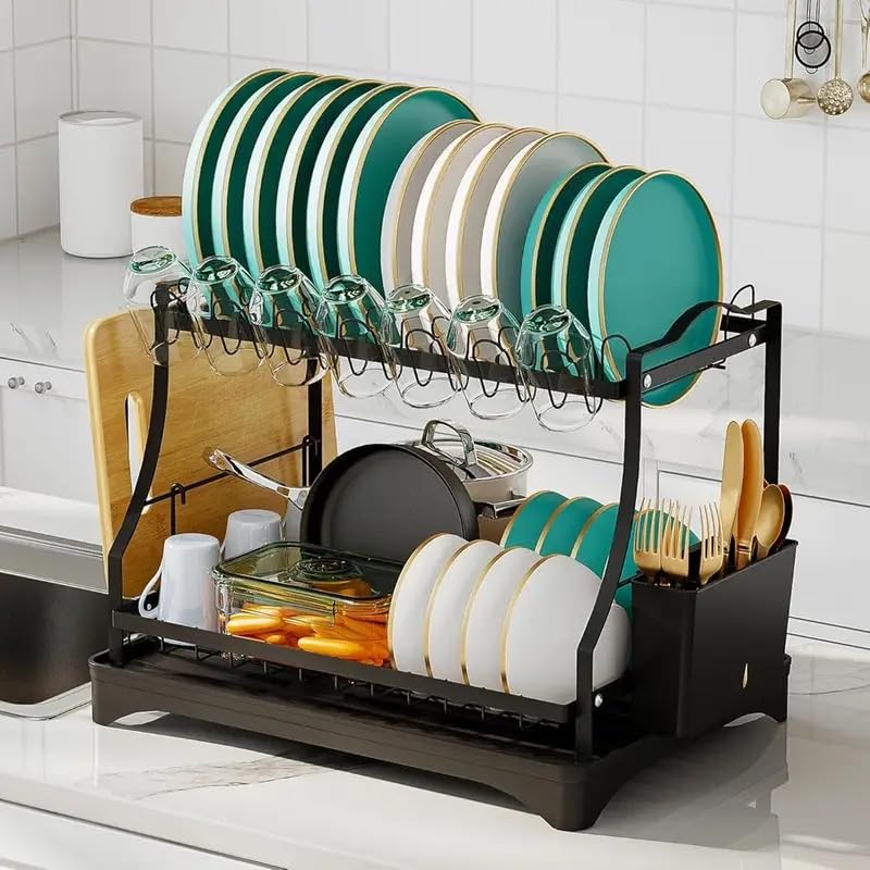Photo 1 of Dish Drying Rack, Dish Rack 2 Tiers for Kitchen Counter, Space-Saving Large Dish Rack with Drain Kitchen Organizer and Storage Rack with Drainboard, Stable Screw-Type (Black)