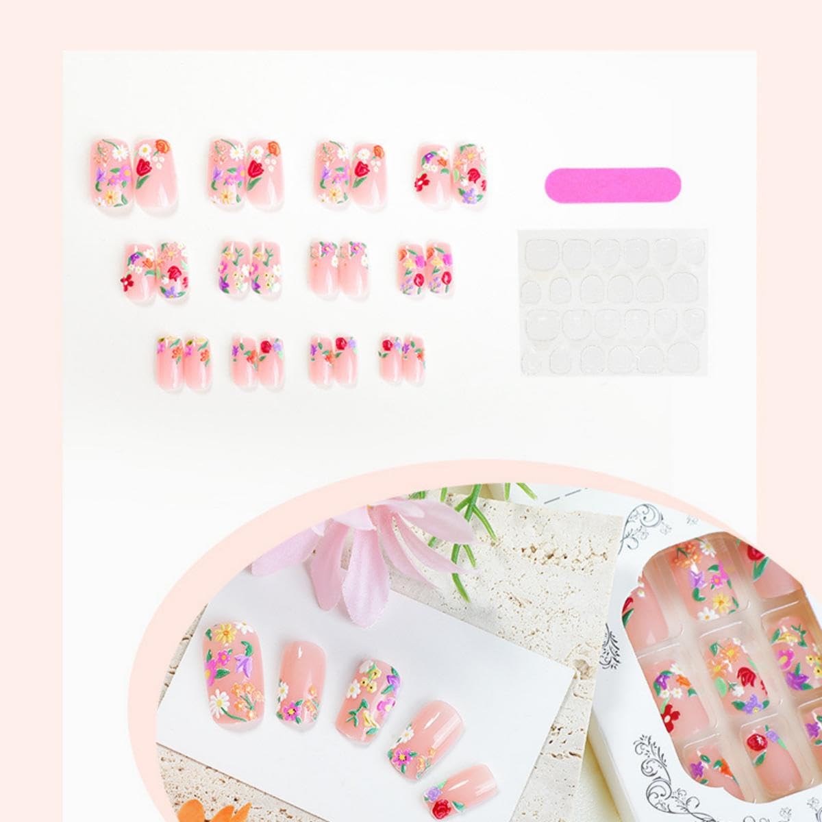 5D Embossed Flower Press on Nails Medium Square Fake Nails with Designs Colorful Floral Glue on Nails Daisy Stick on Nails Glossy Reusable Spring Summer False Nails for Women Girls Manicure 24PCS - Image 3