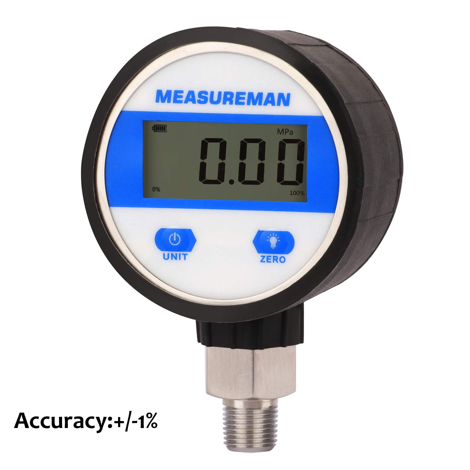 Measureman 2-1/2" dial, Digital Industrial Vacuum Gauge with 1/4"NPT Lower Mount, Stainless Steel case and Connection, -15psi, 1%, Battery Powered, with LED Light: Industrial & Scientific